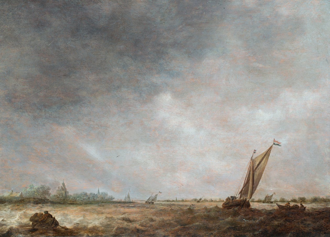 Eine Flussmündungsszene mit Schiffen in unruhigem Wasser von Jan Josephsz van Goyen