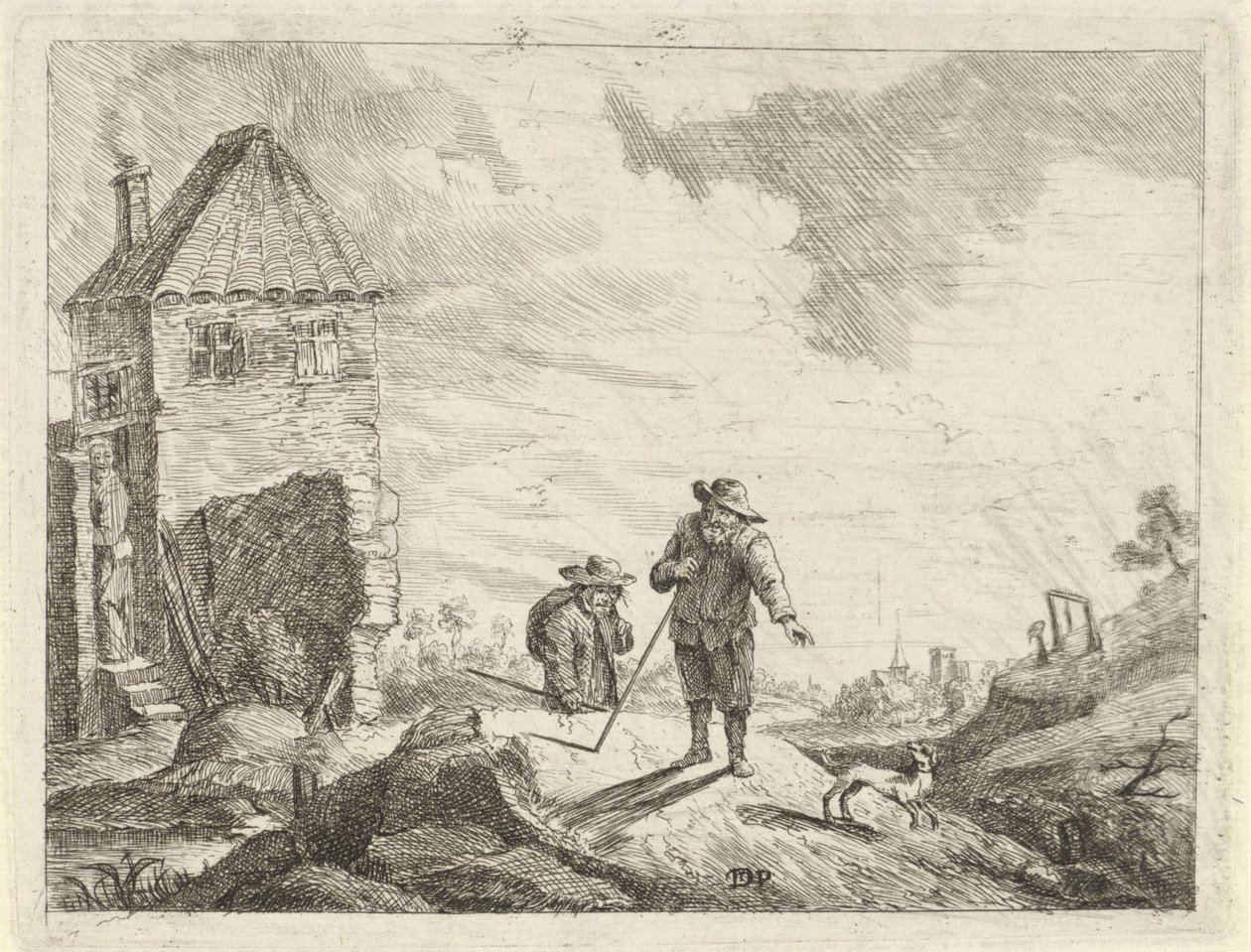Zwei Bauern mit einem Hund auf einem Feldweg von Jan Lauwryn Krafft (I) (possibly)