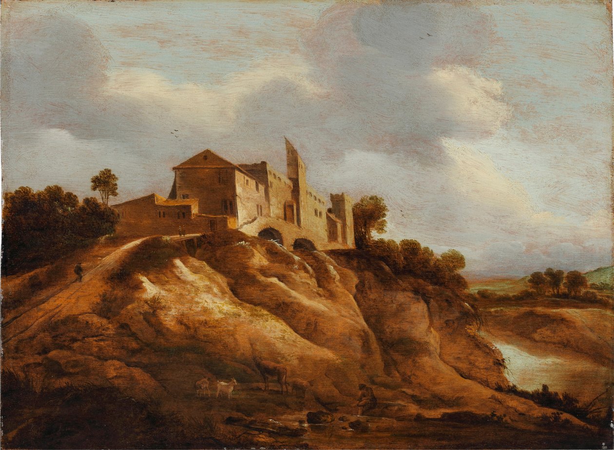 Felsige Landschaft mit befestigter Burg über einem Fluss von Jan Lievens