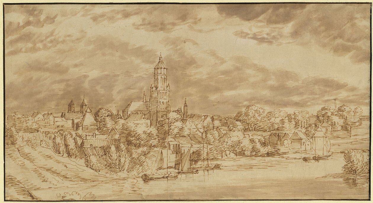 Ansicht einer am jenseitigen Ufer eines Flusses gelegenen Stadt von Jan Lievens
