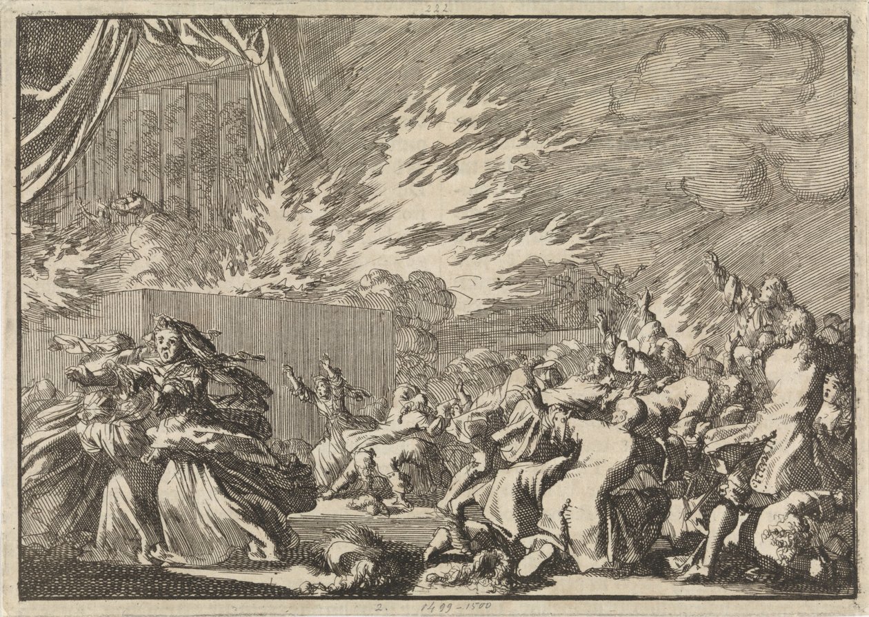 Brand eines Holzschuppens mit einer Theatervorstellung neben Schloss Amalienborg in Kopenhagen, 1689 von Jan Luyken