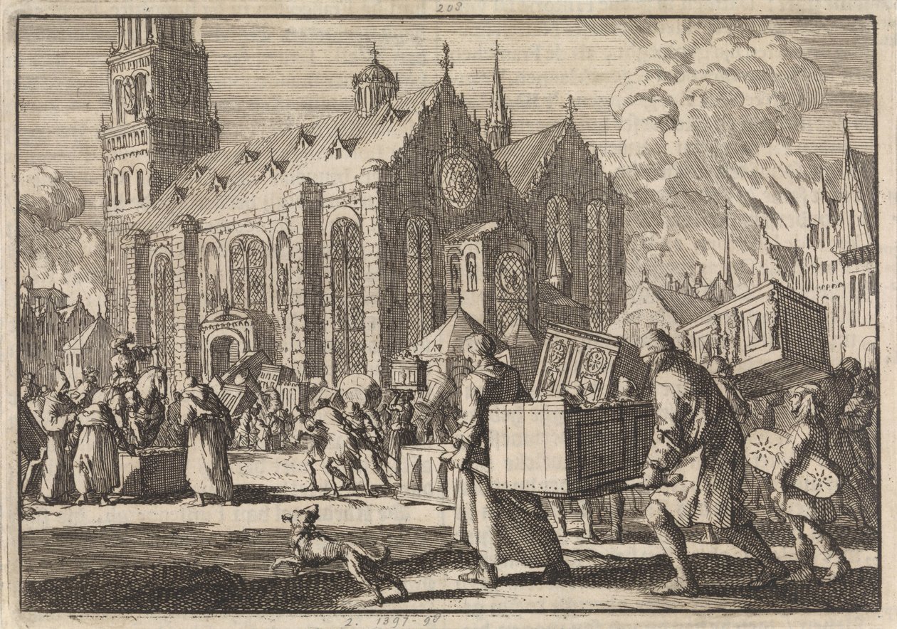 Einwohner von Speyer bringen vertrauensvoll ihre Möbel zum Dom, wo sie dann vom französischen General Monclar verbrannt werden, 1689 von Jan Luyken
