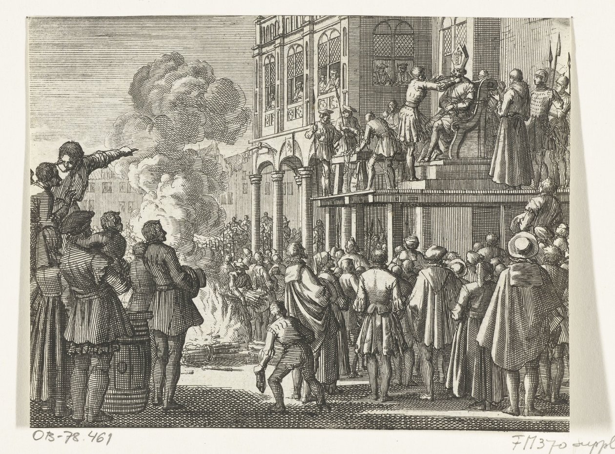 Jacob van Campen mit Mitra auf dem Schafott in Amsterdam, 1535 von Jan Luyken