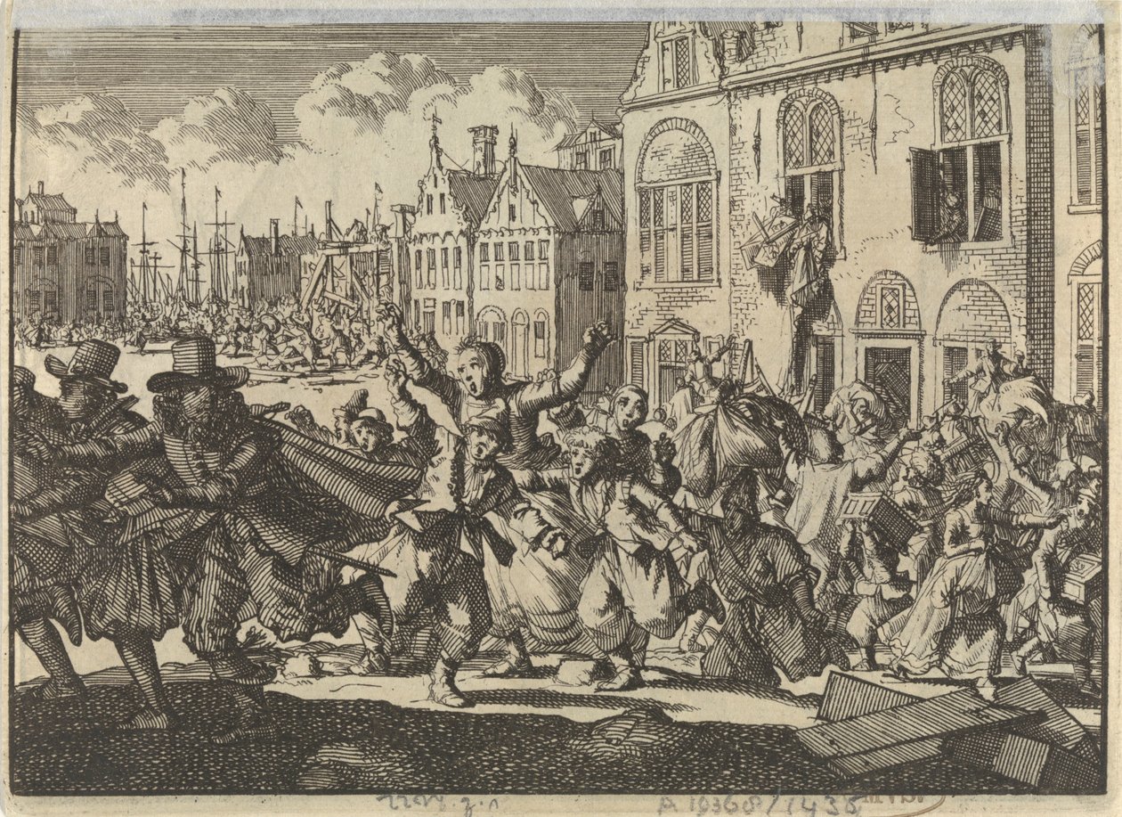 Aufruhr in Enkhuizen, bei dem die Häuser der Vizeadmirale Kwast und Turk zerstört werden, 1635 von Jan Luyken
