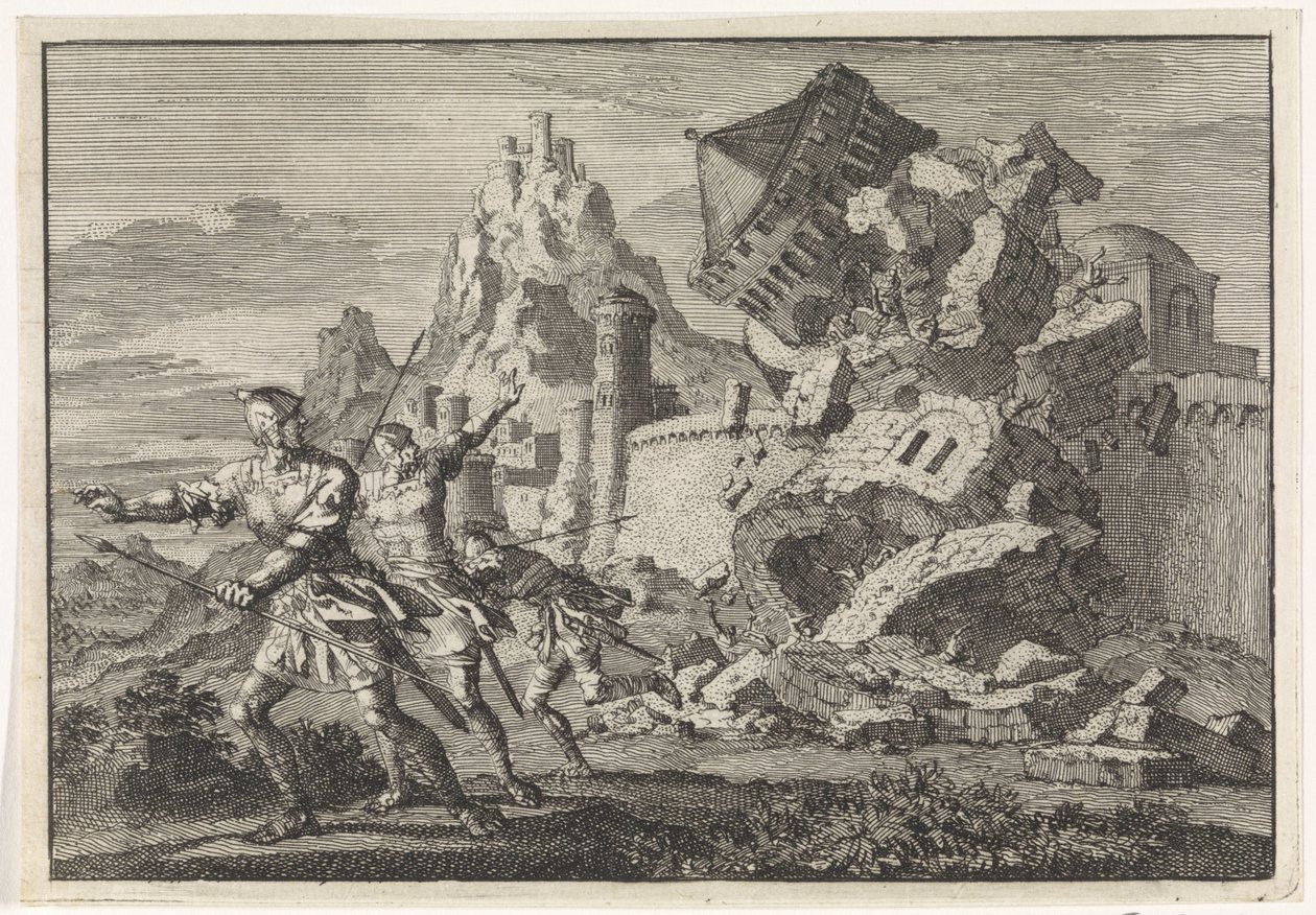Römische Soldaten lassen einen Turm auf der Mauer von Gamala durch Untergrabung einstürzen von Jan Luyken