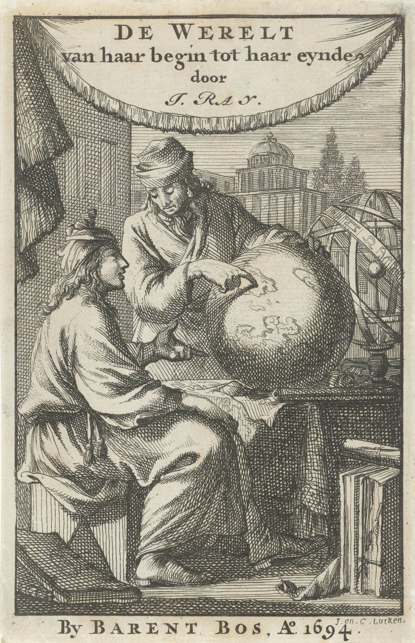 Zwei Männer studieren einen Globus von Jan Luyken