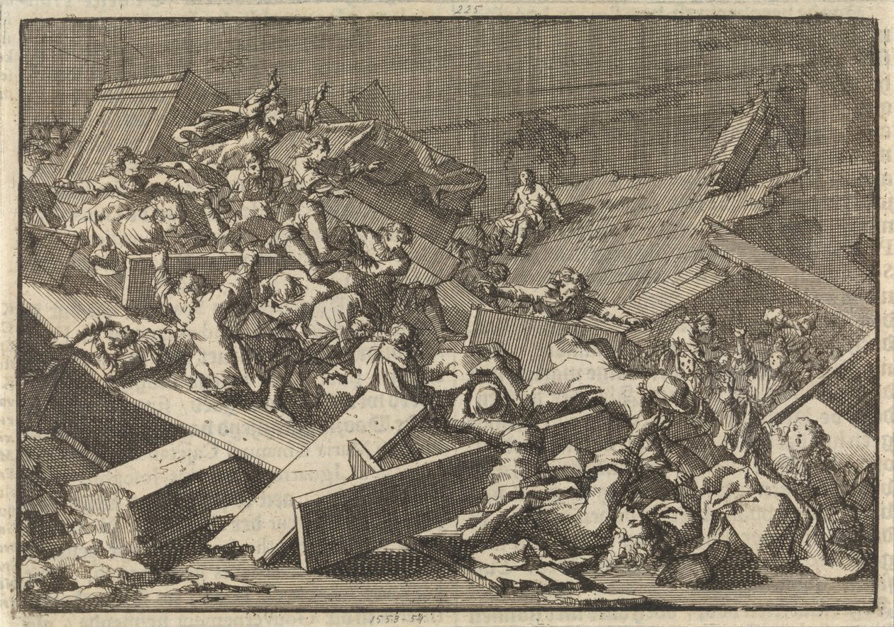 Boden der Hauskirche des kaiserlichen Bevollmächtigten Graf von Bercka stürzt ein, 1697 von Jan Luyken