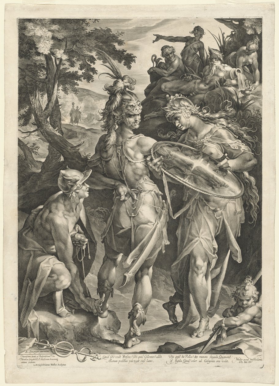 Minerva und Merkur bewaffnen Perseus von Jan Muller, after Bartholomaeus Spranger
