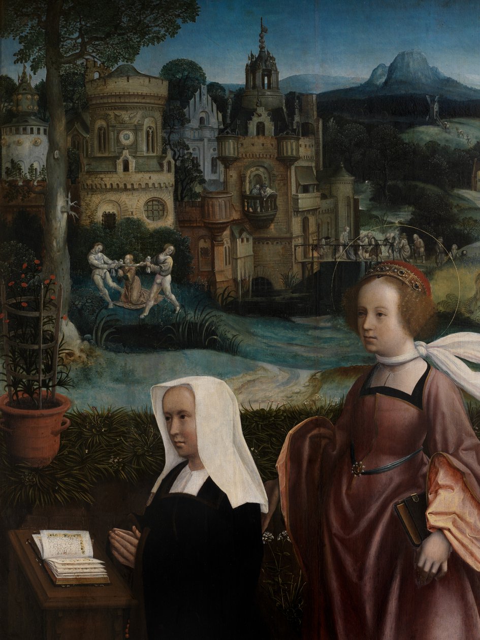 (Detail) des Stifters mit dem Heiligen Nikolaus und der Frau des Stifters mit der Heiligen Godeliva, ca. 1515-21 von Jan Provoost