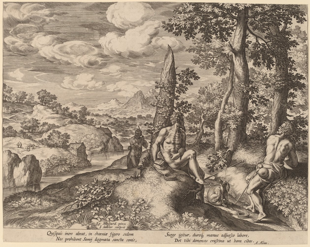 Landschaft mit drei nackten Männern und einem Hund von Jan Sadeler I after Gillis Mostaert