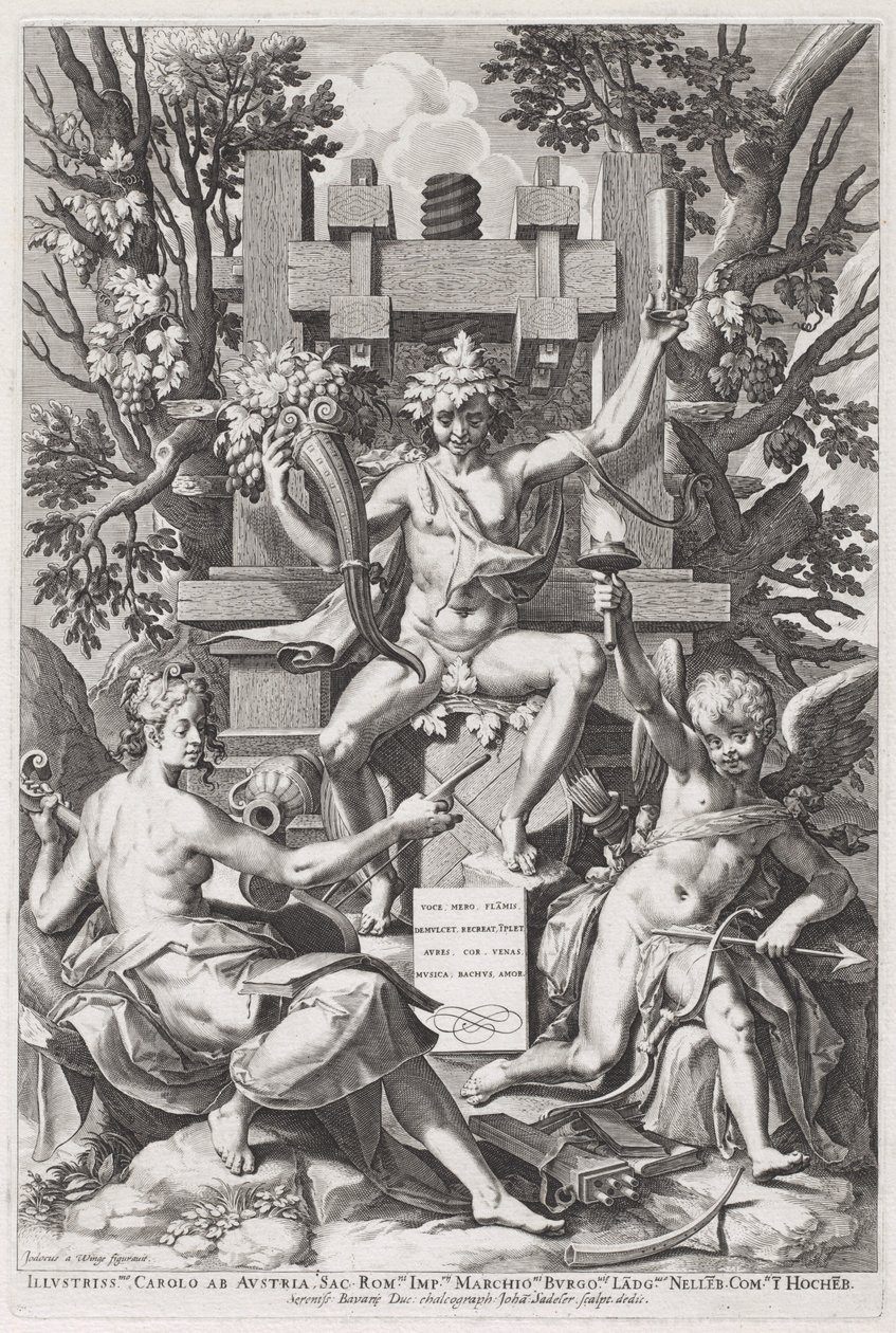 Bacchus sitzt auf einem Fass zwischen Amor und Musik von Jan Sadeler I, after Joos van Winghe