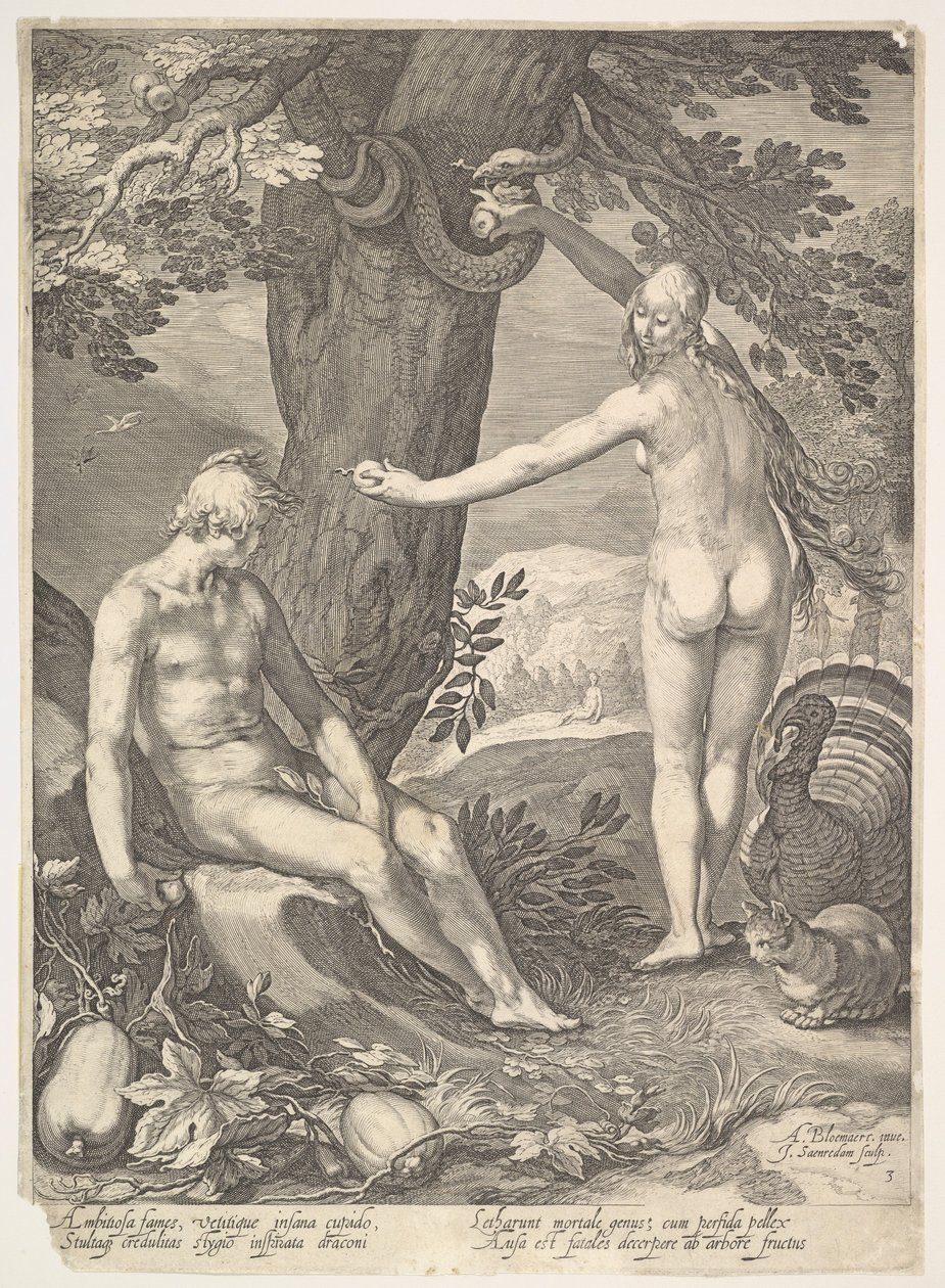 Eva gibt Adam die verbotene Frucht, aus Die Geschichte von Adam und Eva von Jan Saenredam