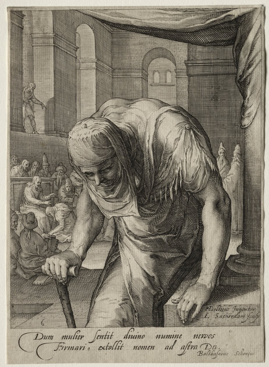 Heldinnen des Neuen Testaments: Die von Christus geheilte verkrüppelte Frau von Jan Saenredam