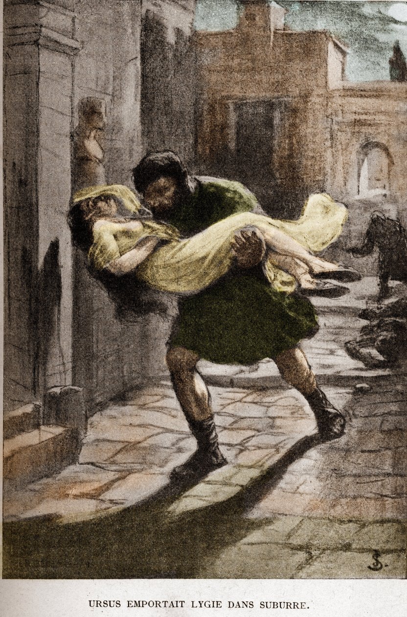 Ursus nahm Lygie in Suburra (Kapitel X), Illustration von JAN STYKA (1858-1925) für Henryk Sienkiewiczs Roman „Quo Vadis“ von Jan Styka