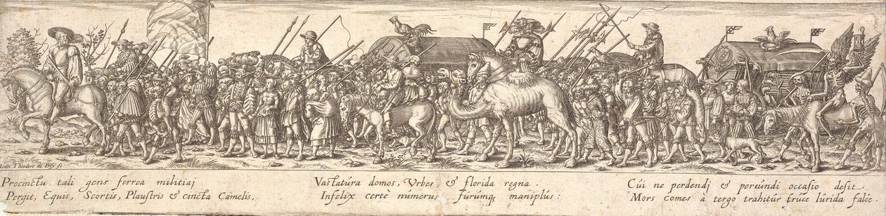 Trupp von Soldaten mit Gepäckwagen und Tod zu Pferd von Jan Theodor de Bry