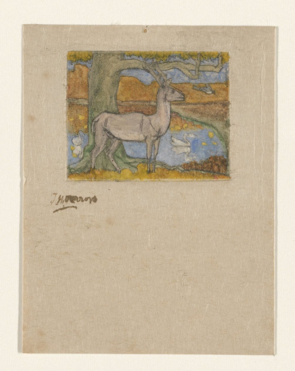Hirsch bei einem Baum vor einem Teich von Jan Toorop (signed by artist)