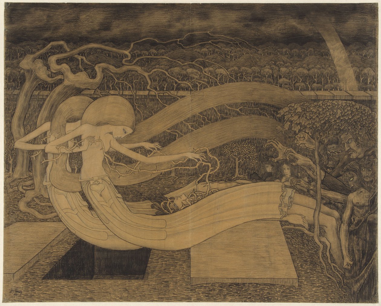 O Grab, wo ist dein Sieg? Zwei Frauen neben einem Mann und einem offenen Grab von Jan Toorop