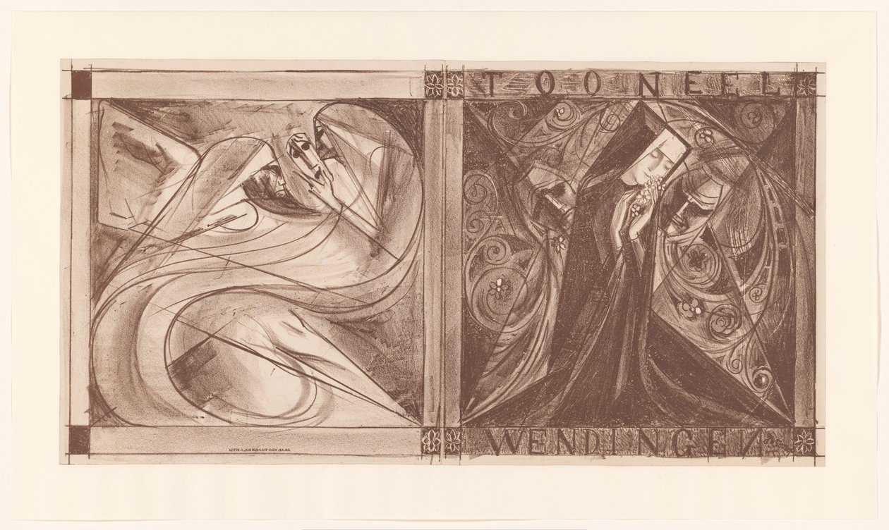 Omslag voor Wendingen met een non met bloemen en twee geesten, waarvan één met een masker in zijn hand von Jan Toorop