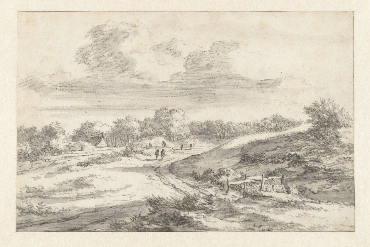 Dünenlandschaft mit Figuren entlang einer Straße, mit einer Hütte in der Ferne von Jan Vermeer van Haarlem (I) (attributed to)