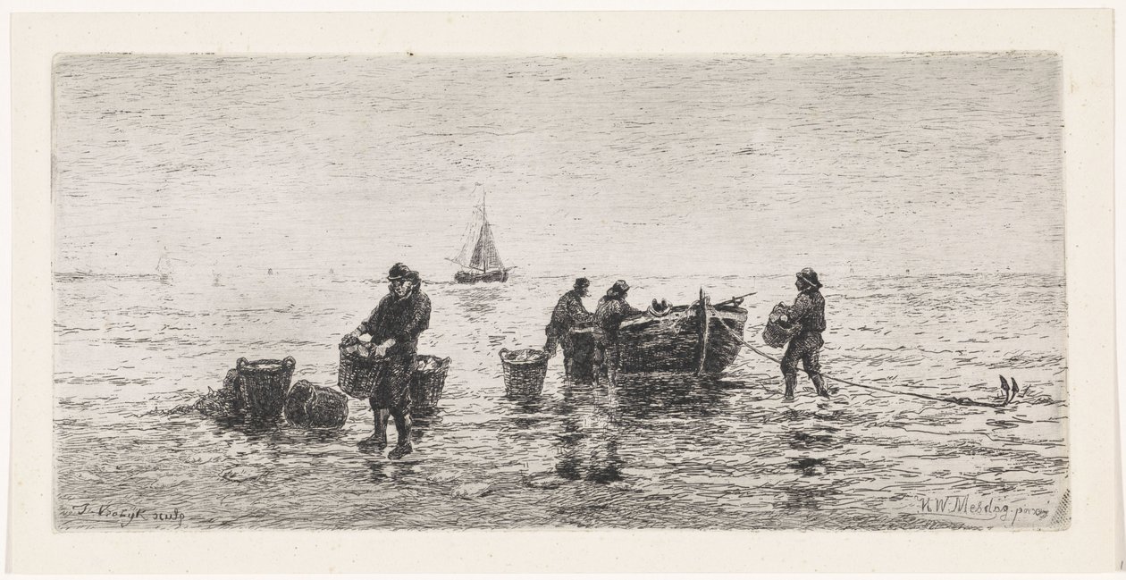 Fischer entladen ein Boot am Strand von Johannes Martinus Vrolijk