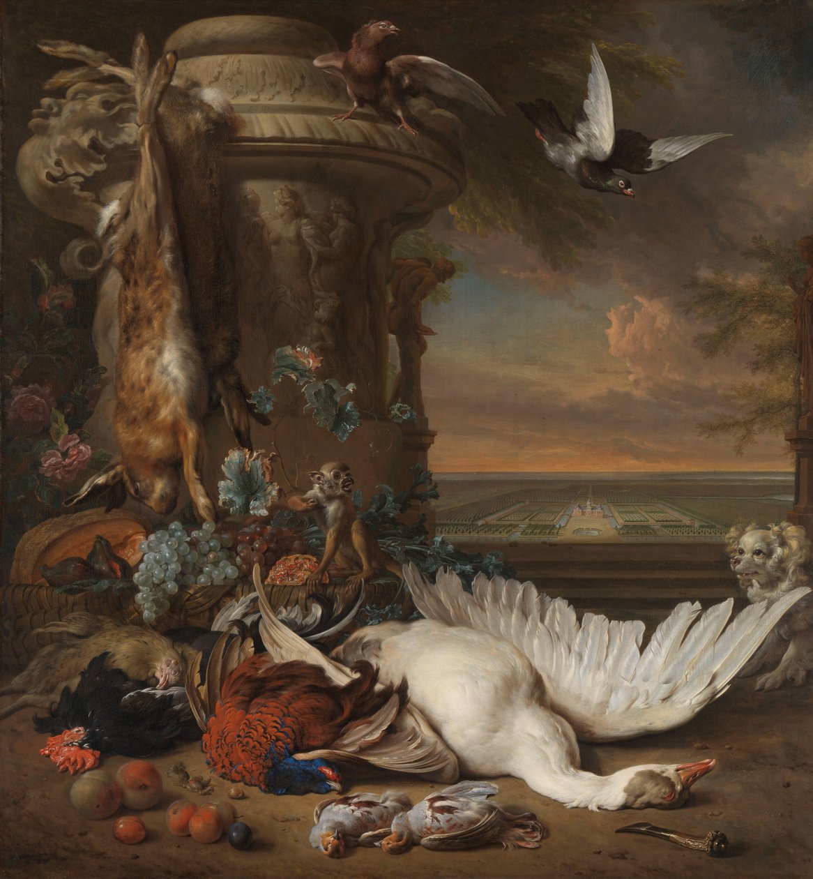 Jagdstillleben mit Früchten neben einer Gartenvase, mit einem Affen, Hund und zwei Tauben, im Hintergrund Rijksdorp bei Wassenaar, Sitz von Jacob Emmery, Baron von Wassenaar von Jan Baptist Weenix