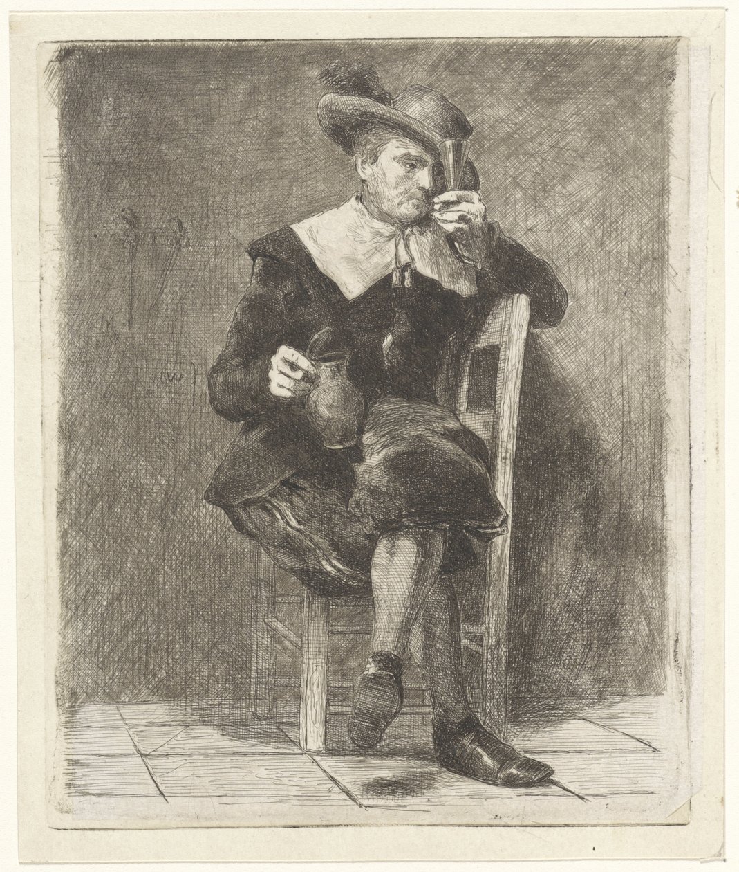 Mann mit Krug und Glas auf einem Stuhl von Jan Weissenbruch