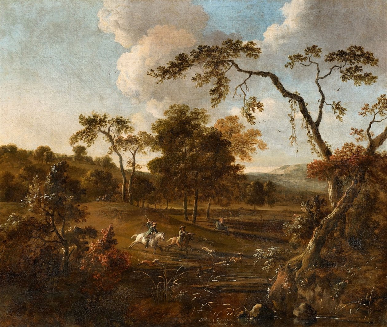 Landschaft mit Hügeln und einer Hirschjagd von Jan Wijnants