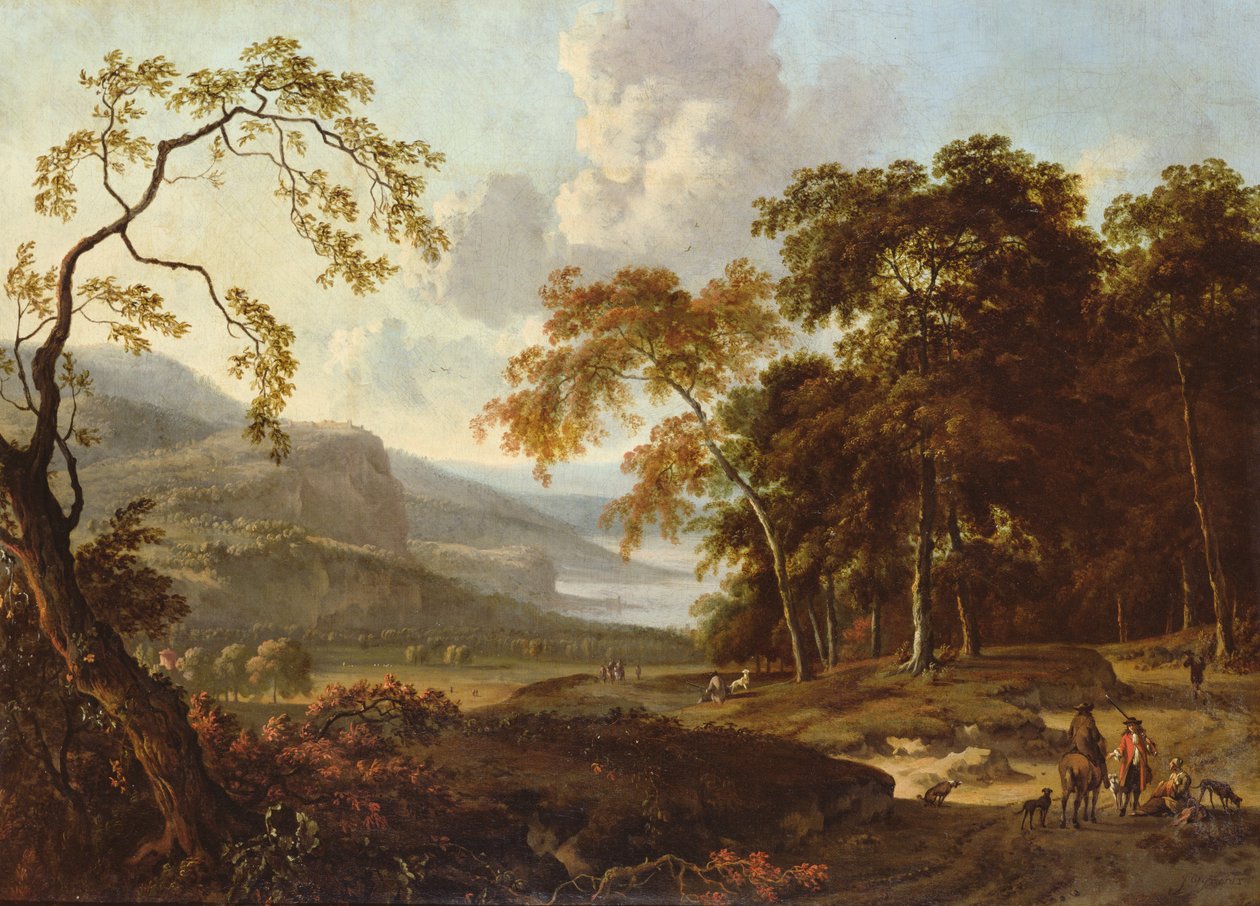 Eine Jagdgesellschaft in einer klassischen Landschaft, ca. 1672-77 von Jan Wiynants