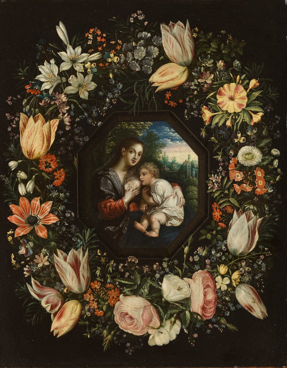 Madonna und Kind in einem Blumenkranz, ca. 1625 von Jan and Balen, Hendrik van Brueghel