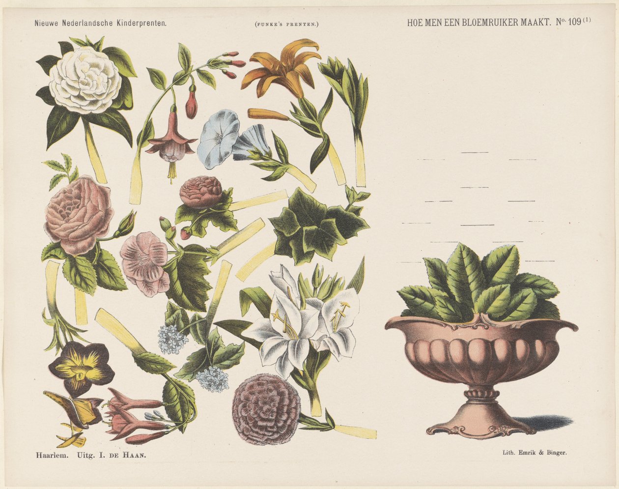 Wie man einen Blumenstrauß macht. Neue niederländische Kinderbilder. Funke