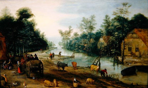 Waldige Flusslandschaft im Sommer mit Reisenden, die in einem Gasthaus ankommen von Jan the Elder (circle of) Brueghel