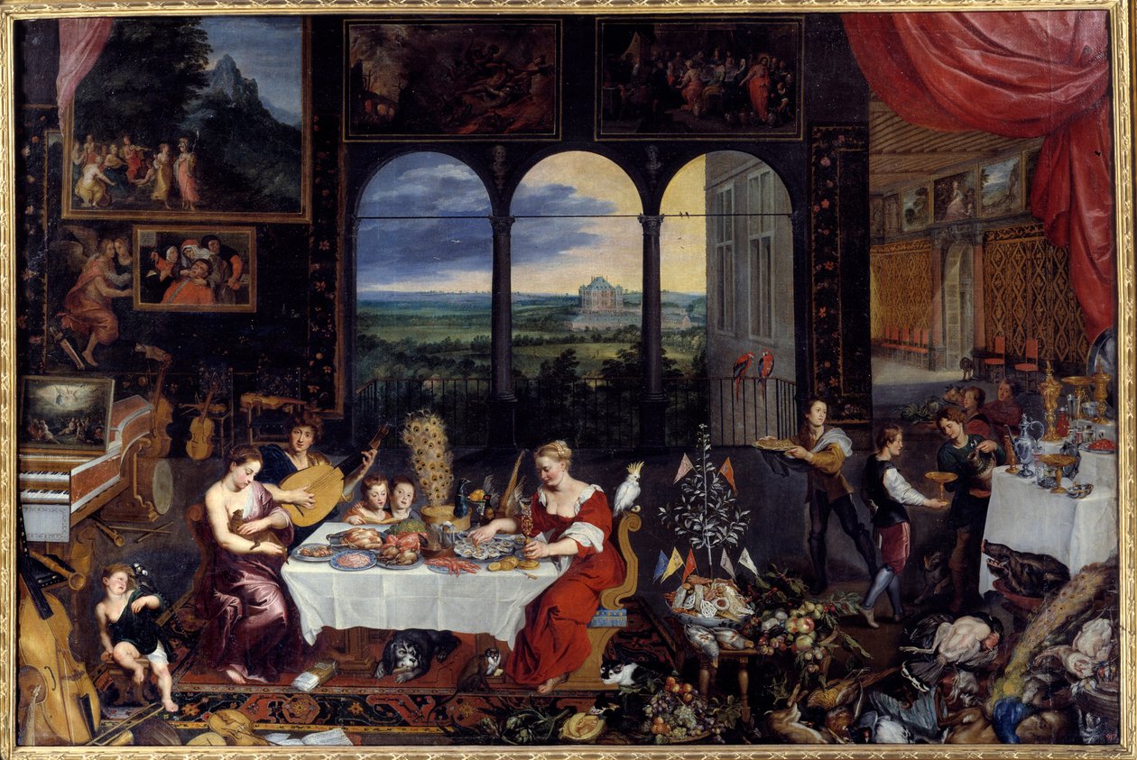Der Geschmack, das Hören und das Berühren. Allegorie der fünf Sinne Das Mahl einer reichen Familie: Geflügel und Meeresfrüchte (einschließlich Austern) bilden das Bankettmenü. Gemälde von Jan I Brueghel Dit De Velours (1568-1625) Ec. Flam von Jan the Elder Brueghel