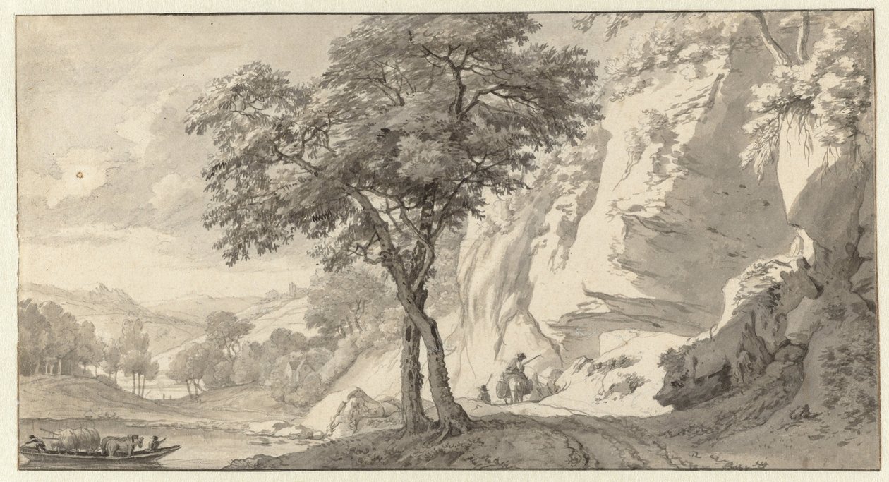 Berglandschaft mit einer Fähre von Jan van Aken