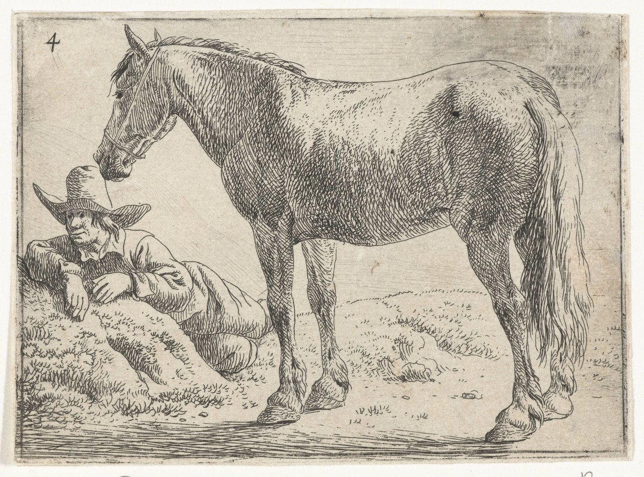 Stehendes Pferd mit ruhendem Reiter Landschaften mit Pferden (Serientitel) von Jan van Aken