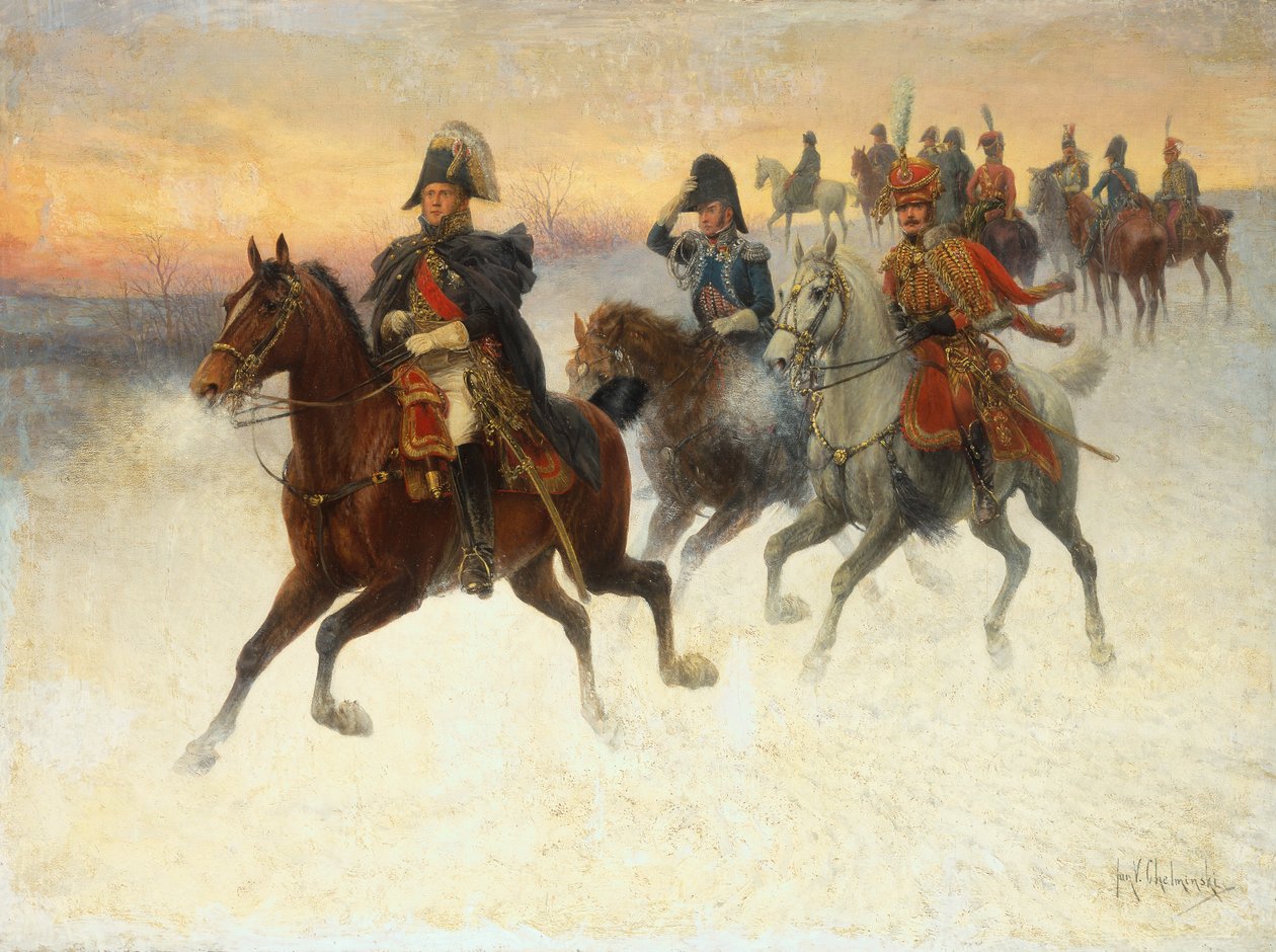Marschall Ney und Napoleon und ihre Truppen während des Russlandfeldzugs von Jan van Chelminski