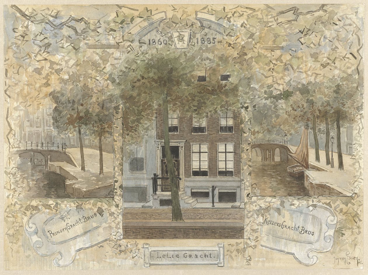 Haus an der Leliegracht, flankiert von den Brücken über die Prinsengracht und die Keizersgracht von Jan van Essen