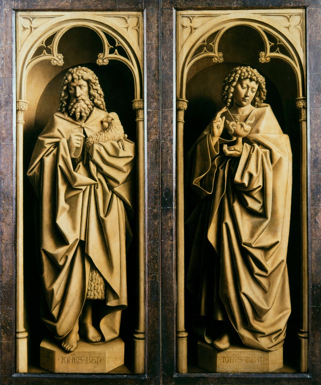 Der Genter Altar. Anbetung des mystischen Lammes: Johannes der Täufer und Johannes der Evangelist, 1432 von Jan van Eyck