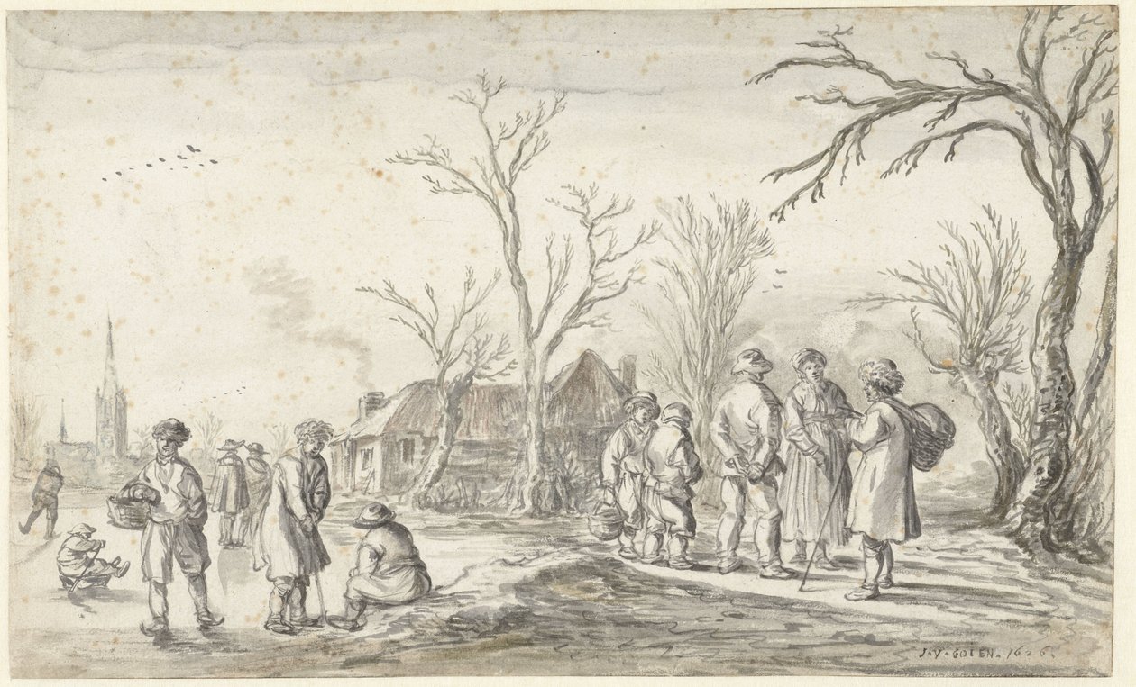Figuren bei einem Dorf im Winter von Jan van Goyen