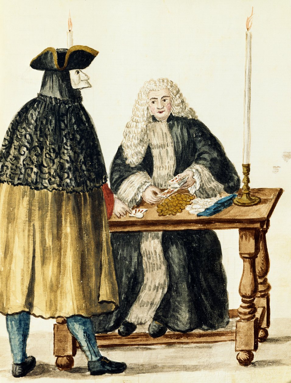 Richter spielt Karten mit maskiertem Mann, von Jan Grevenbroeck (1731-1807), Italien von Jan van Grevenbroeck