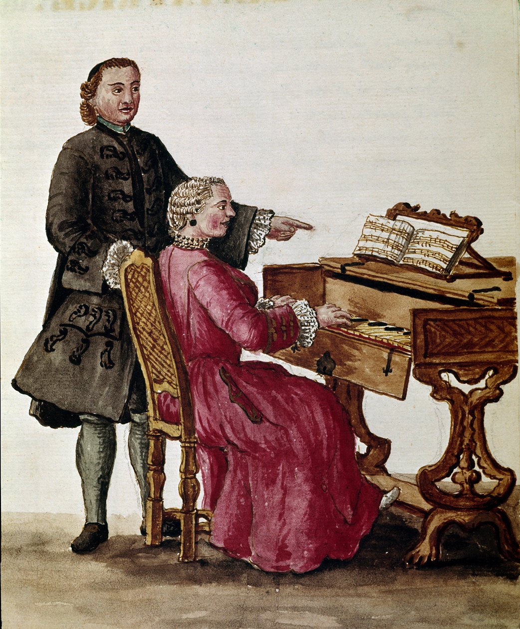 Der Sänger (Der Opernsänger spielt Klavier) Aquarellzeichnung und Tinte von Jan van Grevenbroeck (oder Giovanni Grevembroch) (1731-1807) von Jan van Grevenbroeck