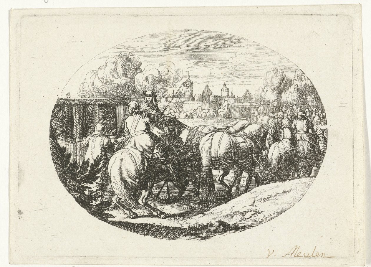 Armee und Kutschen ziehen in die Stadt von Jan van Huchtenburg