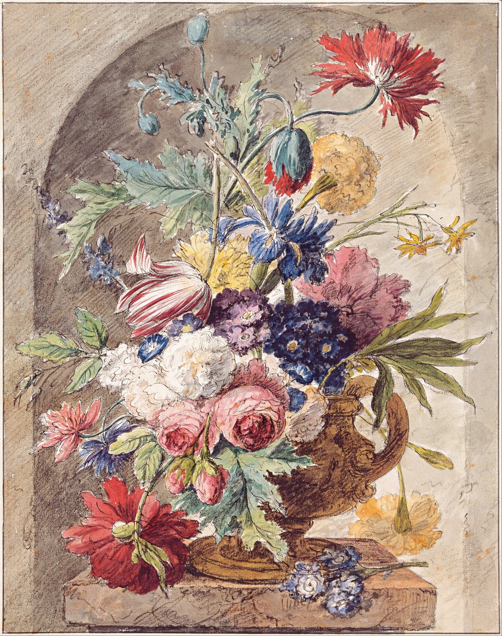 Blumenstillleben in einer Vase mit Henkel auf einem Sockel in einer Nische von Jan van Huysum
