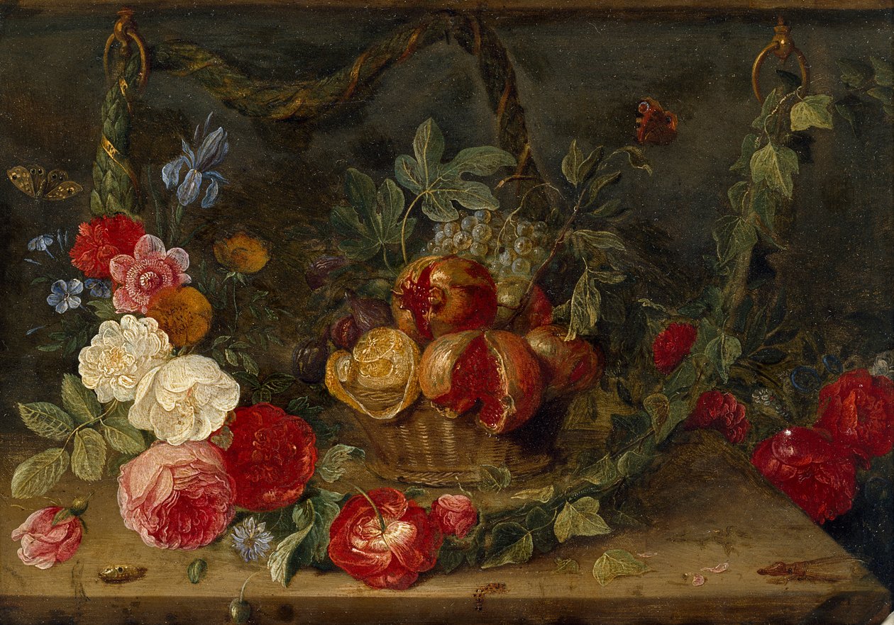 Dekorative Stilllebenkomposition mit einem Korb voller Früchte, Mitte 17. Jahrhundert von Jan van Kessel