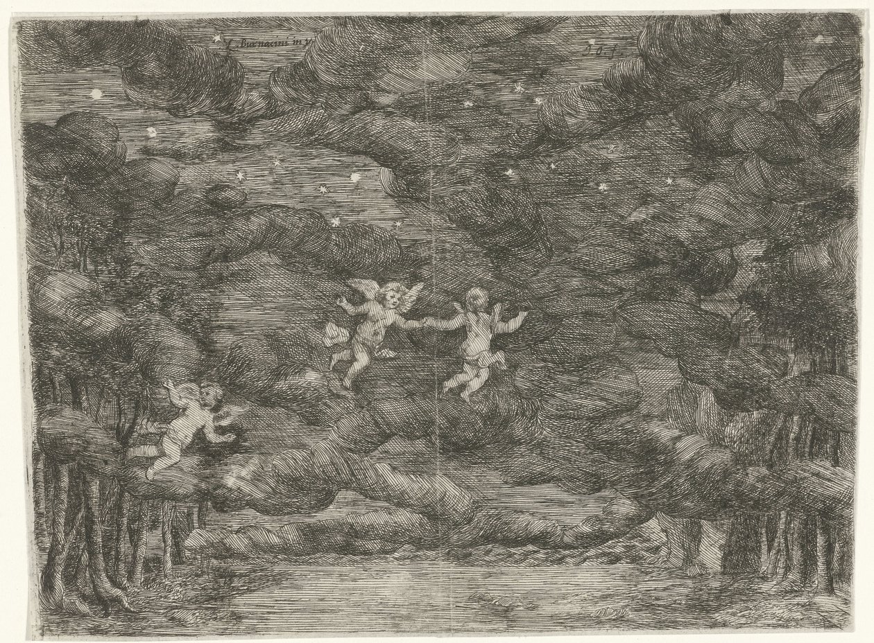 Bühnenbild mit Engeln am nächtlichen Himmel von Jan van Ossenbeeck