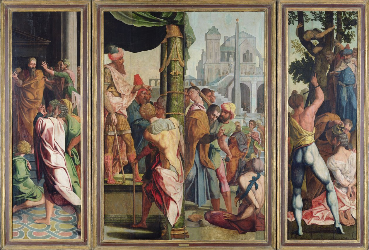 Die Predigt, Verhaftung und das Martyrium des Heiligen Jakobus des Älteren, aus dem Polyptychon von St. Stephan und St. Jakobus dem Älteren, um 1541 von Jan van Scorel