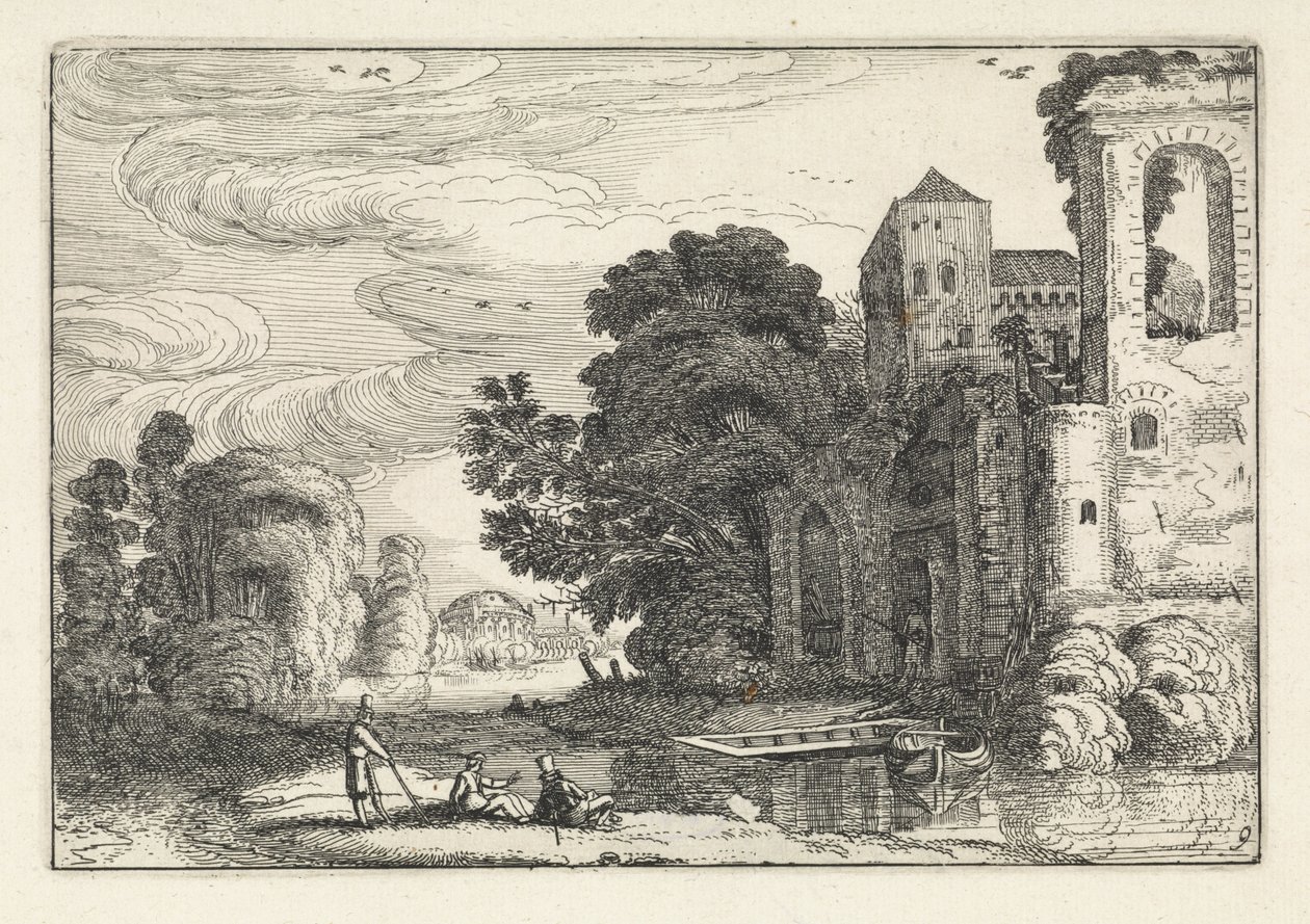 Figuren bei einem Schloss an einem Fluss von Jan van de Velde (II)