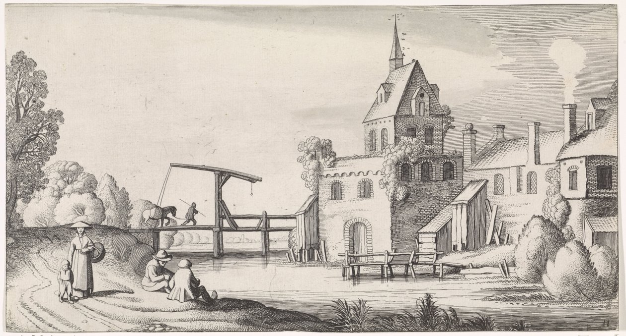 Figuren bei einer Zugbrücke vor einem Dorf mit Kirchturm von Jan van de Velde (II)