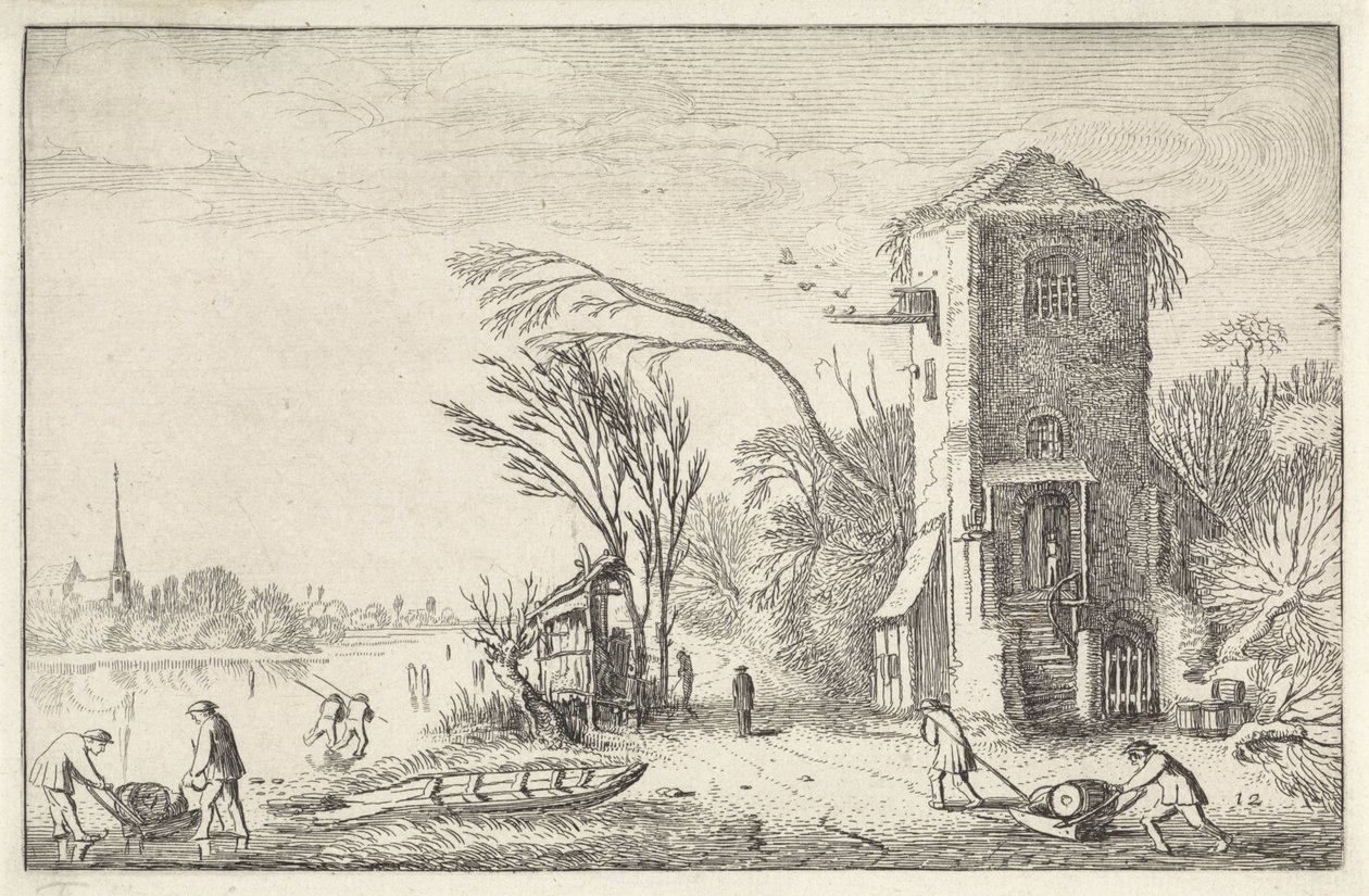 Figuren in einem Winterlandschaft mit einem Turm von Jan van de Velde (II)