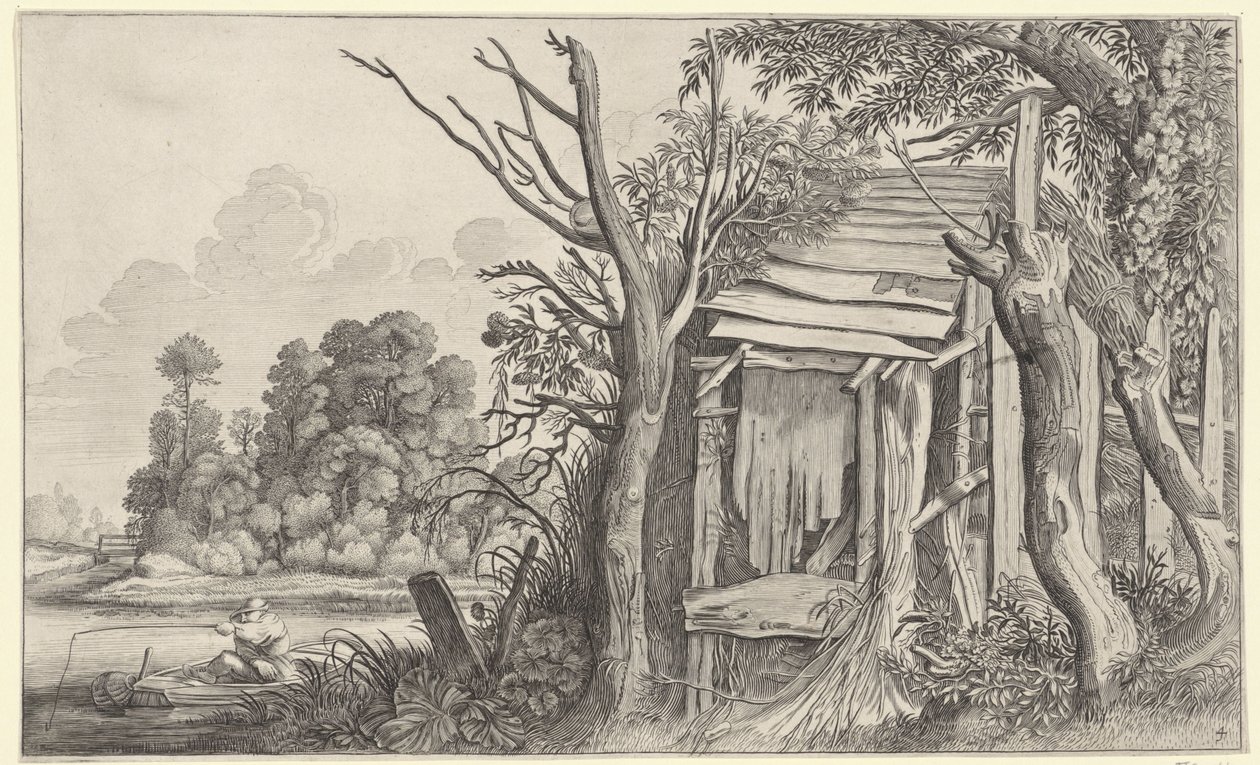 Angler bei einer verfallenen Hütte in einer Landschaft von Jan van de Velde (II)