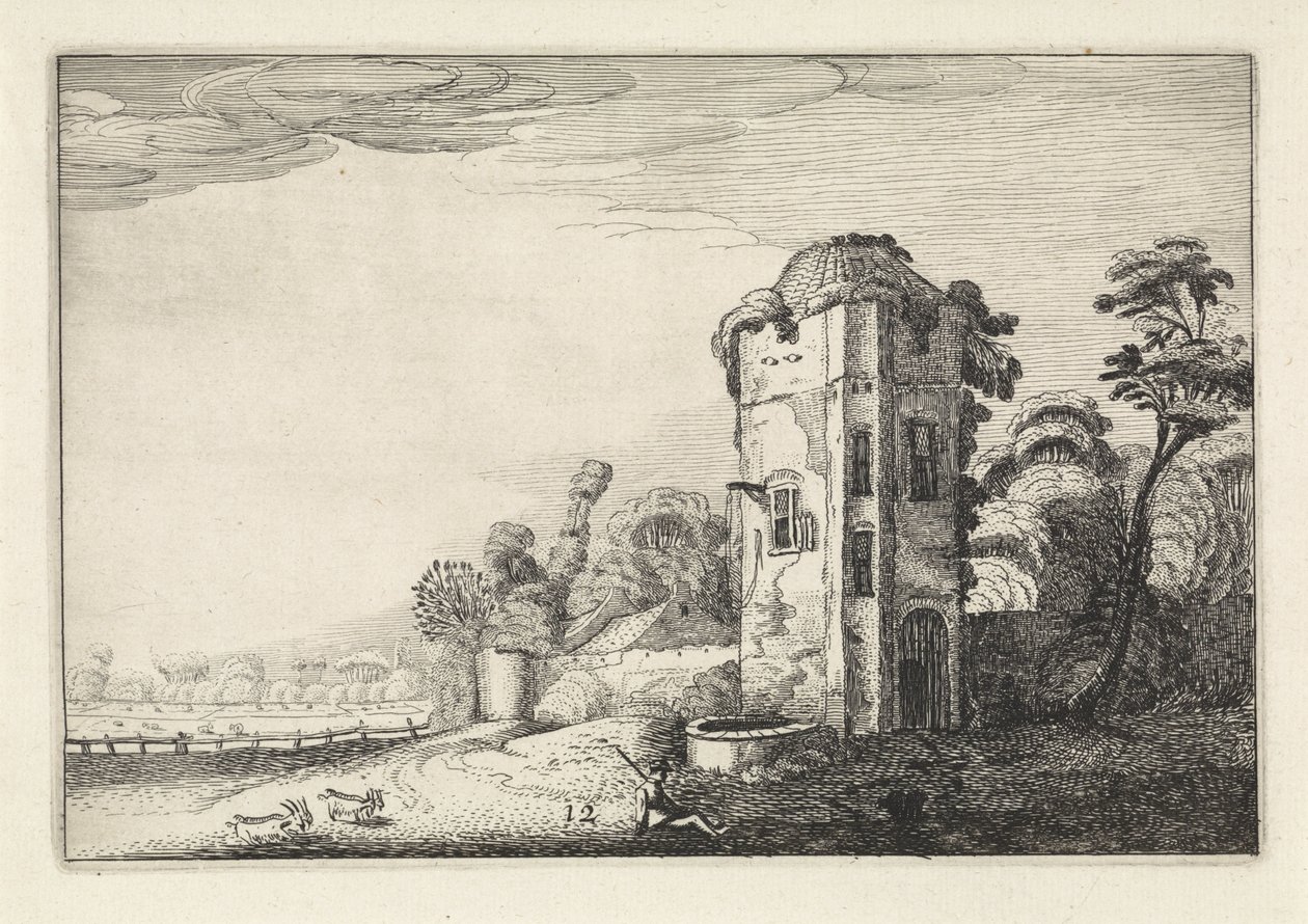 Hirte bei einem Turm mit einem Brunnen von Jan van de Velde (II)